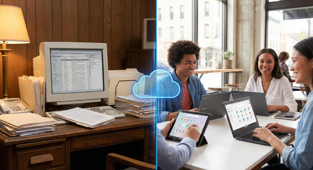 Old paper-based office desk transforming into modern collaborative workspace with Chromebooks and cloud computing